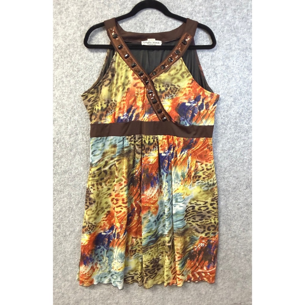Studio West Apparel Womens 2X Animal Print Mesh Tunic Sequin Gem Accent Brown